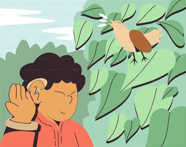 Illustration of a person with a hearing aid listening to a bird chirping in green leaves